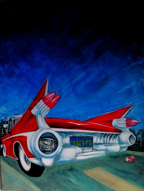 -Roter Cadillac- Acryl Leinen  70/100